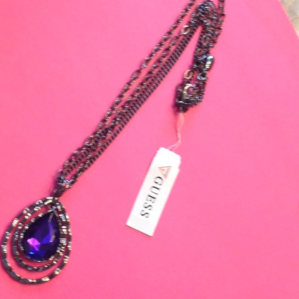 NWT Guess gunmetal metal-purple stone necklace